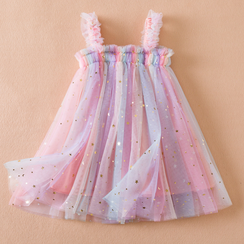 Toddler Baby Girls Tulle Tutu Dress Sleeveless Little Girls Layered Birthday Party Princess Sequin Star Pastel Rainbow Dress