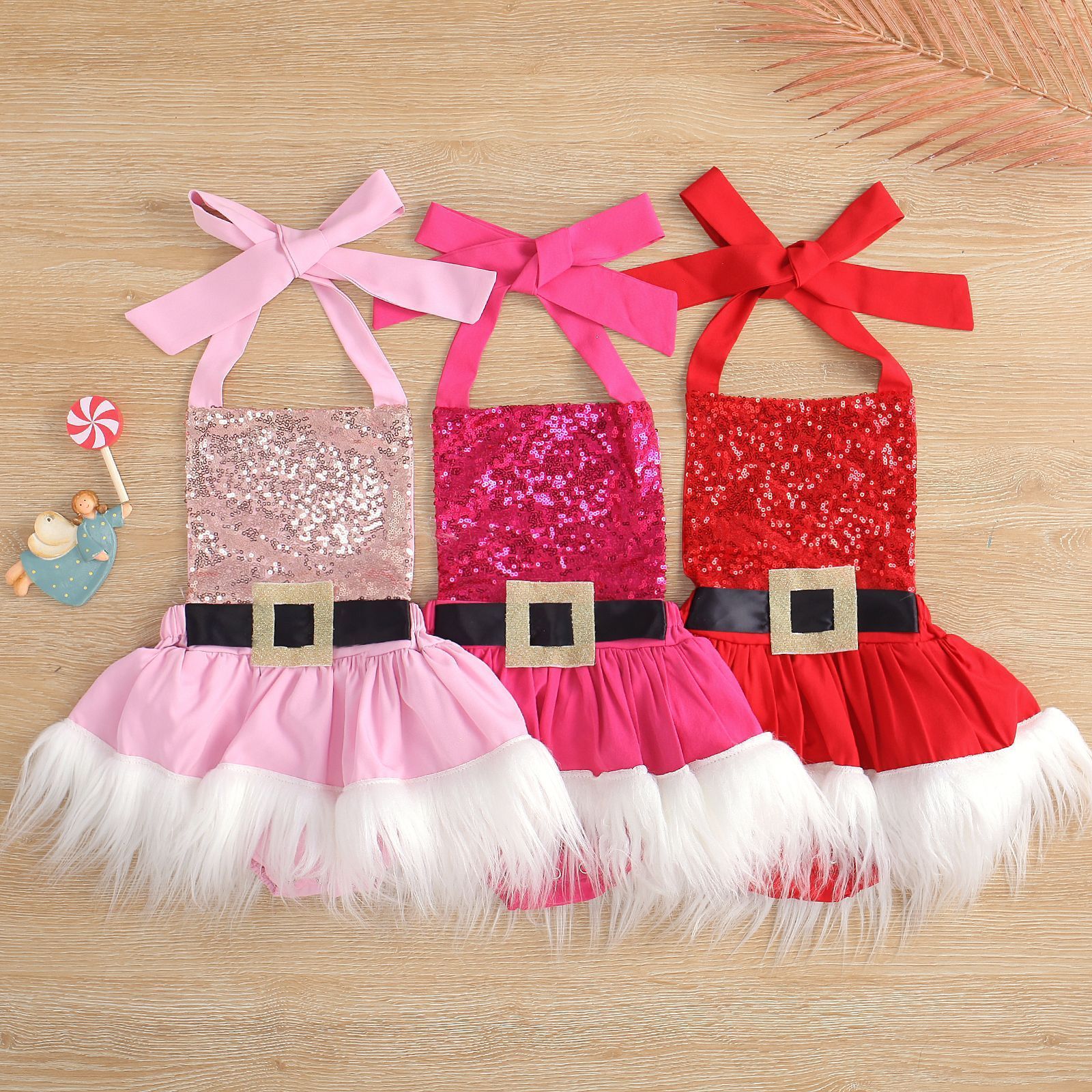 New Kids Belt Pattern Faux Fur Backless Baby Girl Tulle Tutu Skirt Dress Romper Christmas Santa Baby Sequin Halter Bubble Romper