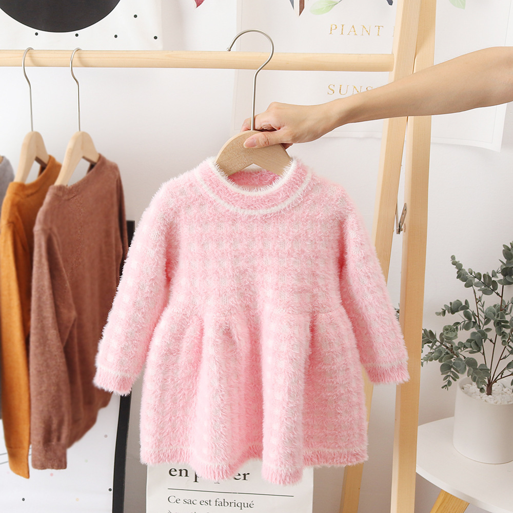 2024 Valentine Girls Mink Fleece Dresses Long Sleeve Sweetheart Kids Baby Girl Heart Pattern Fuzzy Fluffy Knit Sweater Dress