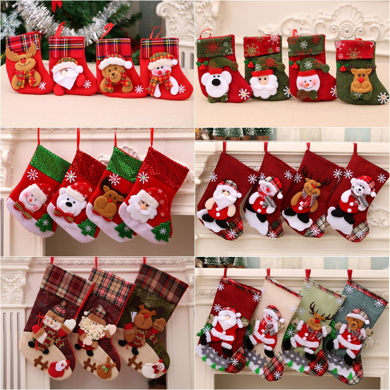 Christmas Stockings 3D Santa Snowman Reindeer Character Pattern Hanging Socks Christmas Tree Ornaments Candy Gift Bag Stockings