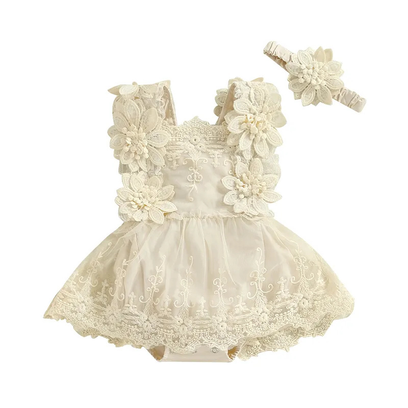 Boho Baby Girl 1st Birthday Photography Outfit Cake Smash Dresses Romper Dress Boho Baby Lace Flower Tutu Romper with Headband