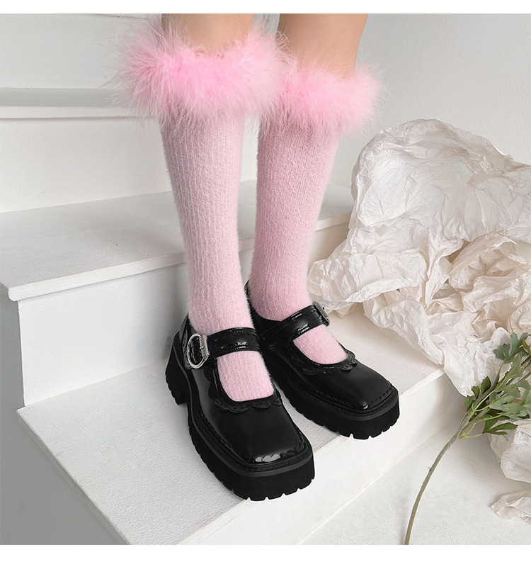 New Y2K Women Faux Fur Cuff Knee High Socks Fuzzy Boot Socks Stockings Soft Fluffy Feather Fur Trim Socks for Women