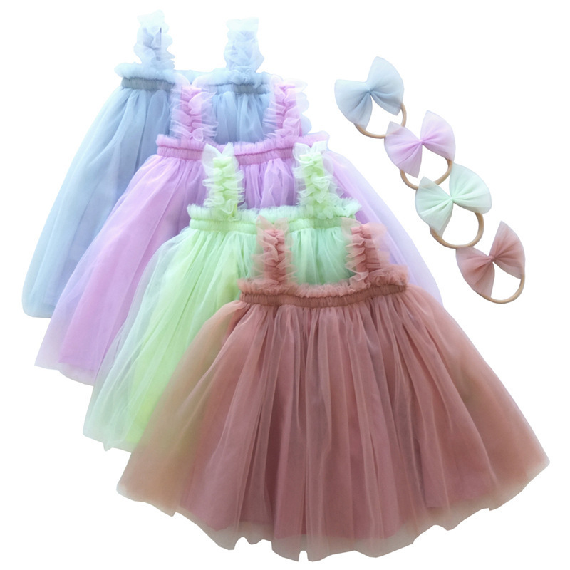 Girls Tutu Dress Toddler Party Tulle Sundress Infant Princess Sleeveless Dresses and tulle bow