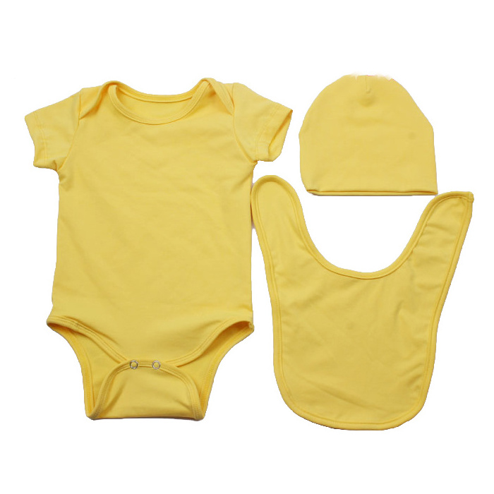 Wholesale children kids baba suit plain white romper+bib+hat 3pcs baby clothing layette sets