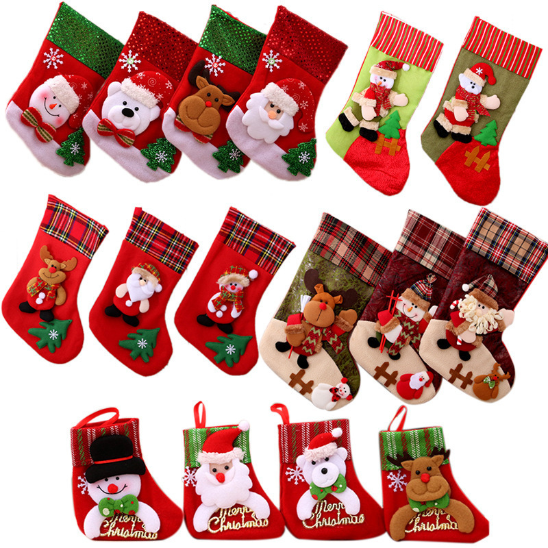 Christmas Stockings 3D Santa Snowman Reindeer Character Pattern Hanging Socks Christmas Tree Ornaments Candy Gift Bag Stockings