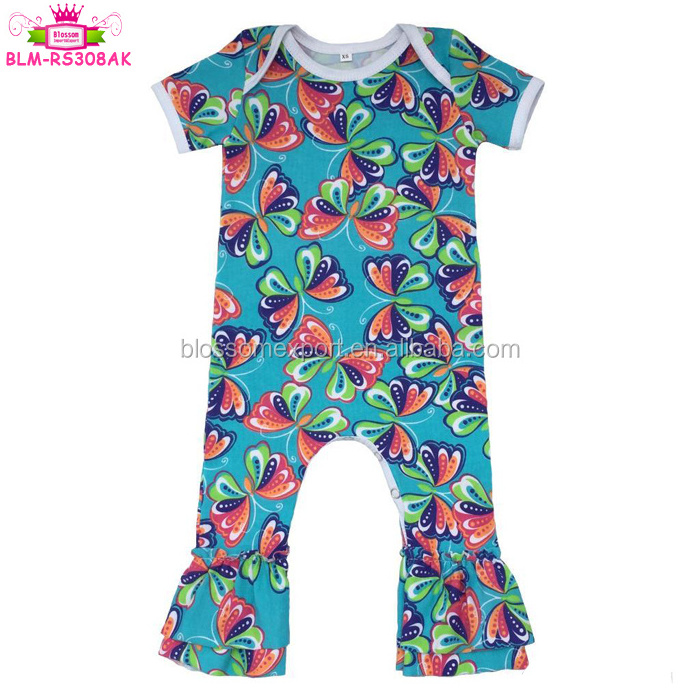 Wholesale Baby Girls Romper Short Sleeve Double Ruffle Leg Toddler Jumpsuit Cotton Ruffle Baby Rompers