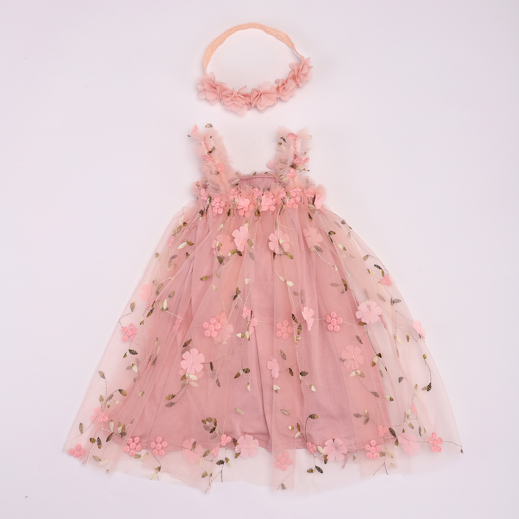 2024 Toddler Baby Girls Tutu Dress Sleeveless Embroidered Floral Tulle Dress Little Girl Princess Dresses with Flower Headband