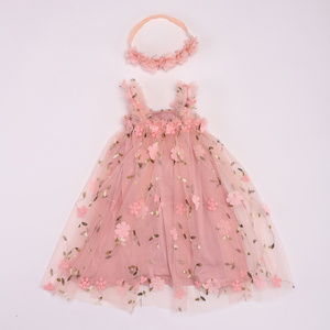 2024 Toddler Baby Girls Tutu Dress Sleeveless Embroidered Floral Tulle Dress Little Girl Princess Dresses with Flower Headband