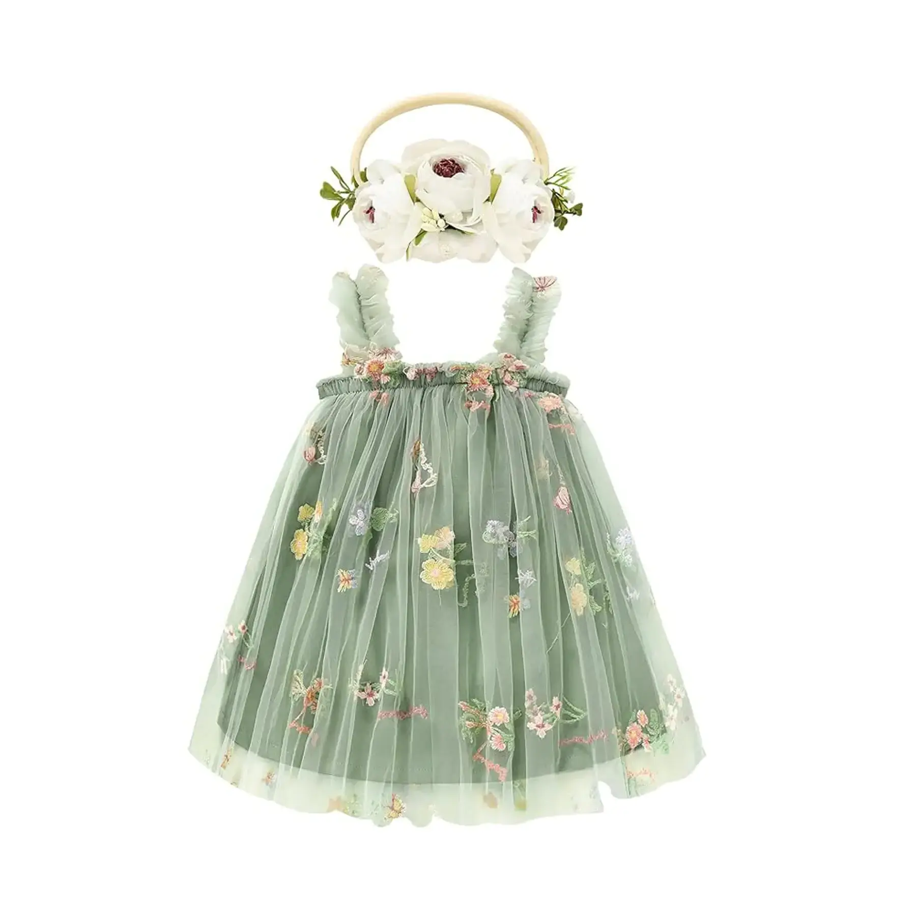 Tulle Wedding Dress Toddler Sleeveless Floral Print Layered Tulle chiffon Little Girl Princess Dresses with Flower Headband