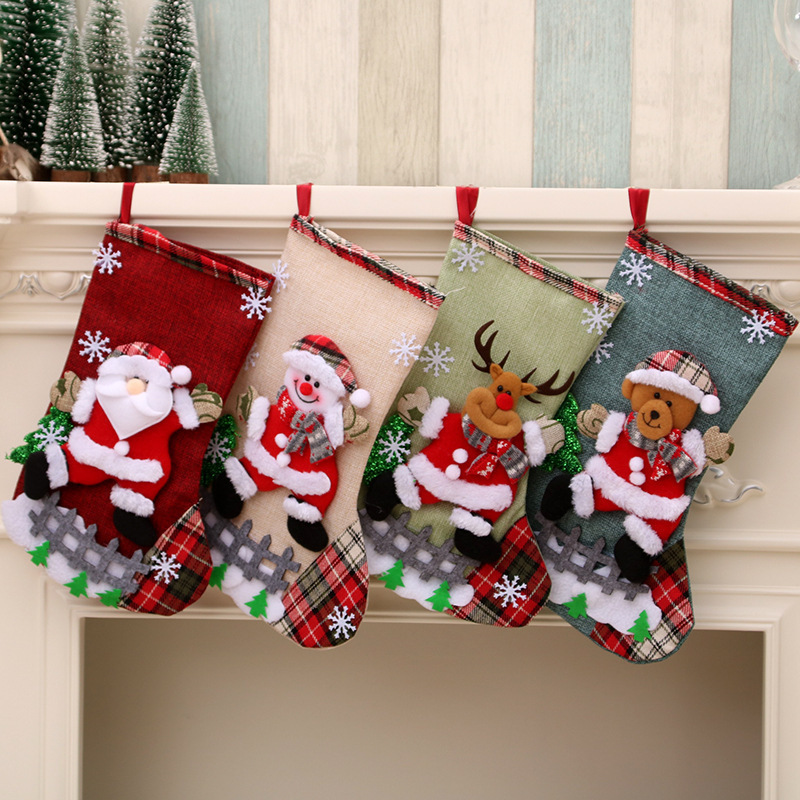 Christmas Stockings 3D Santa Snowman Reindeer Character Pattern Hanging Socks Christmas Tree Ornaments Candy Gift Bag Stockings