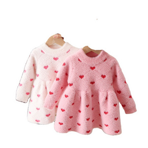 2024 Valentine Girls Mink Fleece Dresses Long Sleeve Sweetheart Kids Baby Girl Heart Pattern Fuzzy Fluffy Knit Sweater Dress