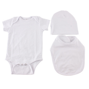 Wholesale children kids baba suit plain white romper+bib+hat 3pcs baby clothing layette sets