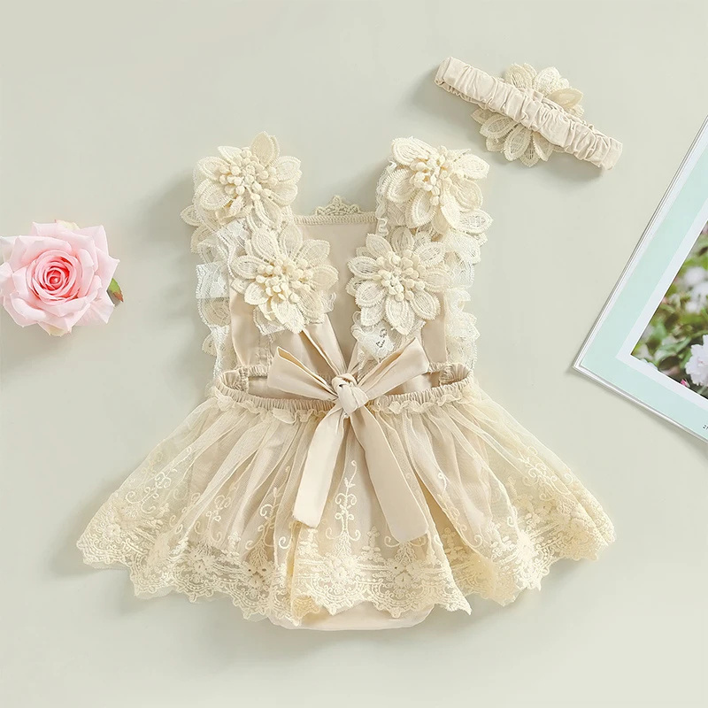 Boho Baby Girl 1st Birthday Photography Outfit Cake Smash Dresses Romper Dress Boho Baby Lace Flower Tutu Romper with Headband