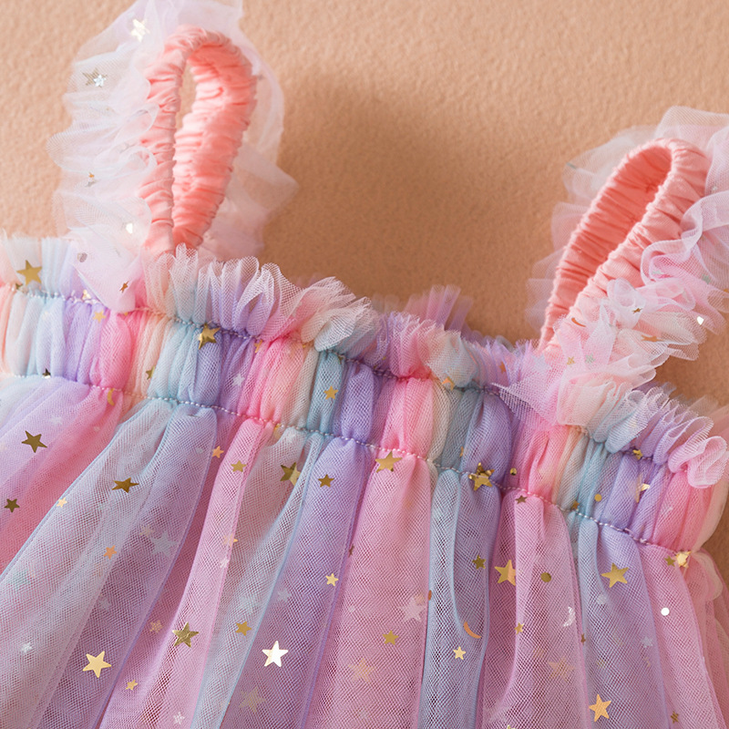 Toddler Baby Girls Tulle Tutu Dress Sleeveless Little Girls Layered Birthday Party Princess Sequin Star Pastel Rainbow Dress