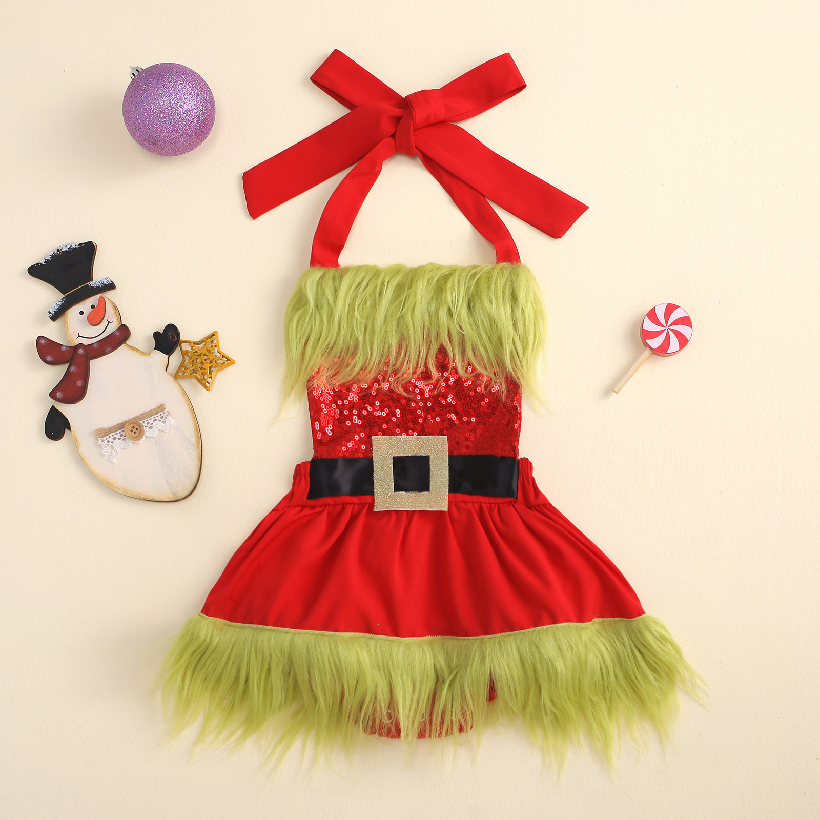 2021 Christmas Clothes Santa Baby Girls Dress Romper 0-24M Red Sequin Sleeveless Tutu Skirt Romper with Green Faux Fur