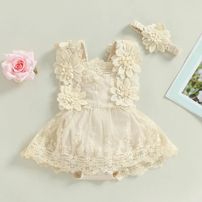 Boho Baby Girl 1st Birthday Photography Outfit Cake Smash Dresses Romper Dress Boho Baby Lace Flower Tutu Romper with Headband