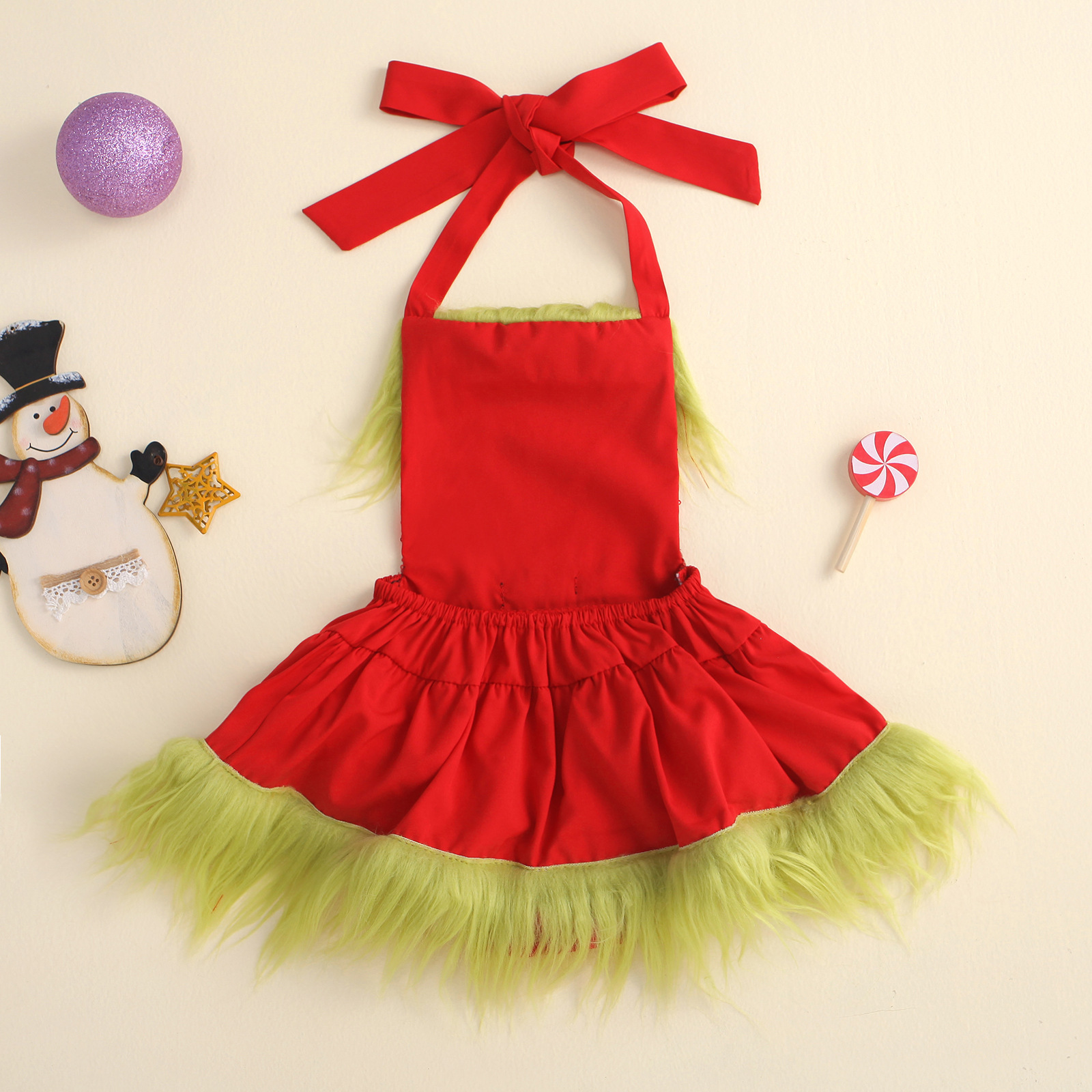 2021 Christmas Clothes Santa Baby Girls Dress Romper 0-24M Red Sequin Sleeveless Tutu Skirt Romper with Green Faux Fur