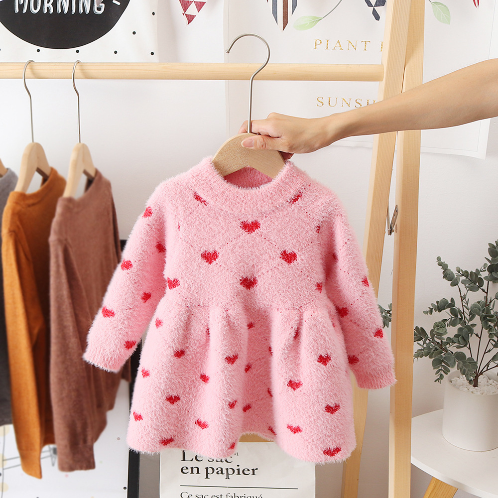 2024 Valentine Girls Mink Fleece Dresses Long Sleeve Sweetheart Kids Baby Girl Heart Pattern Fuzzy Fluffy Knit Sweater Dress