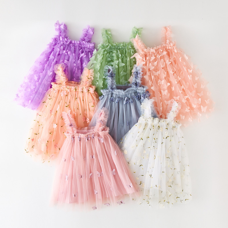 Baby Girls Tutu Dress Sleeveless 3D Butterfly Layered Tulle Birthday Solid Color Princess Party Tulle Girl Dresses