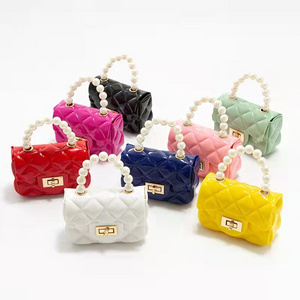 2023 Candy Color Women Girls Jelly Purses And Handbags Crossbody Kids Mini Jelly Pearl Bag with Pearls Handle Chain Strap