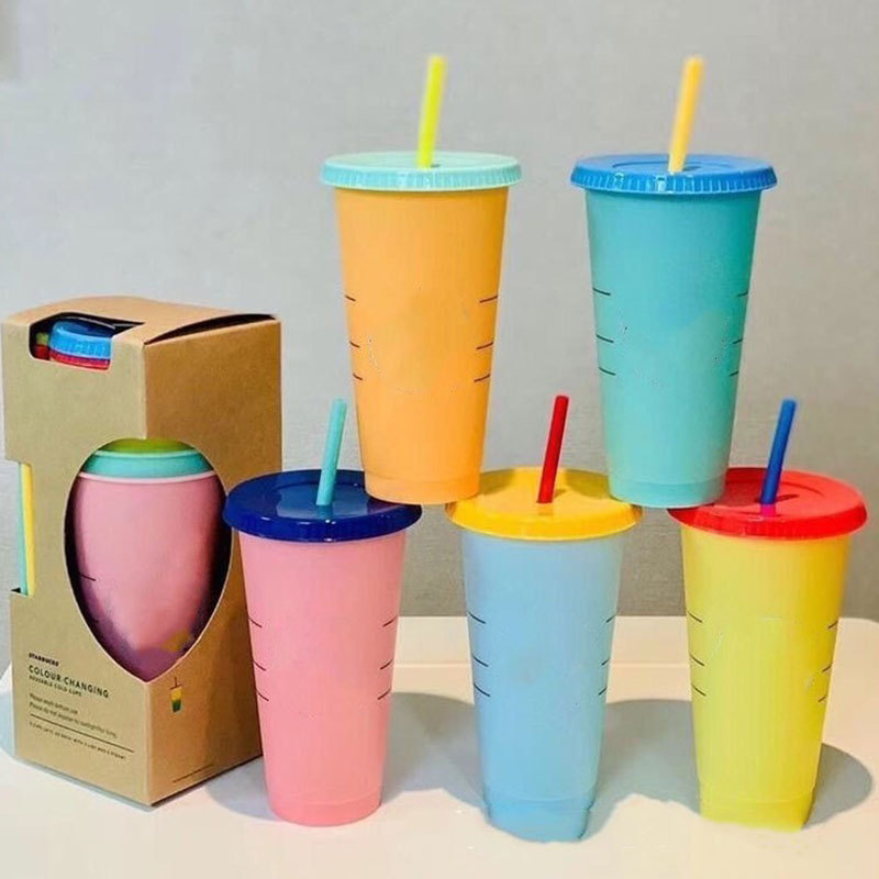 Factory Reusable BPA free custom print available magic coffee tumbler cold water color changing plastic cup with lid and straw