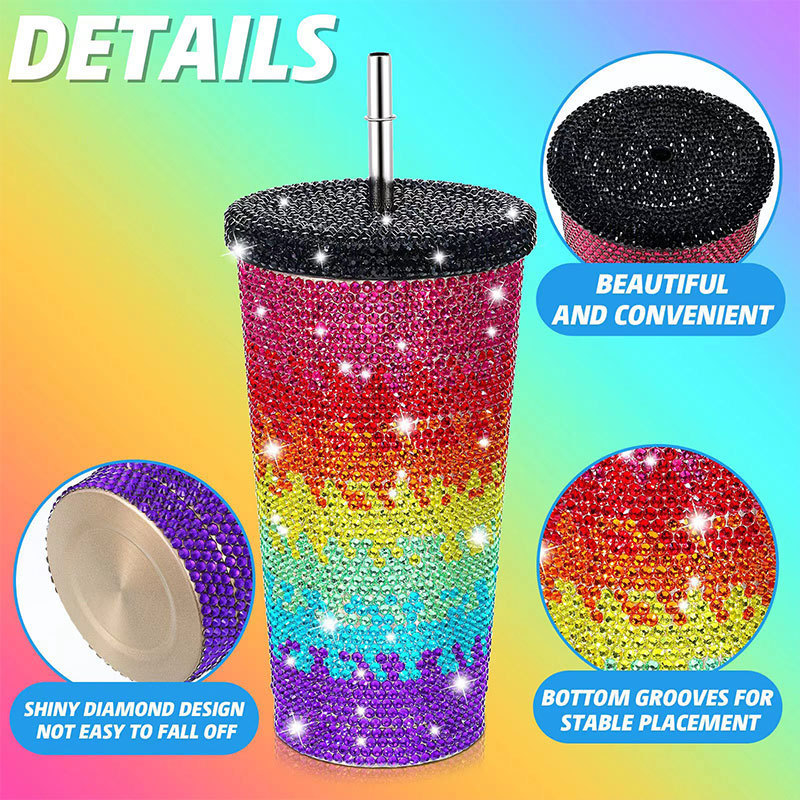 Bling gemstone Rhinestone Diamond Glitter Water Bottle with Lid Stainless Steel Vacuum Thermal Straw vacuum tumbler