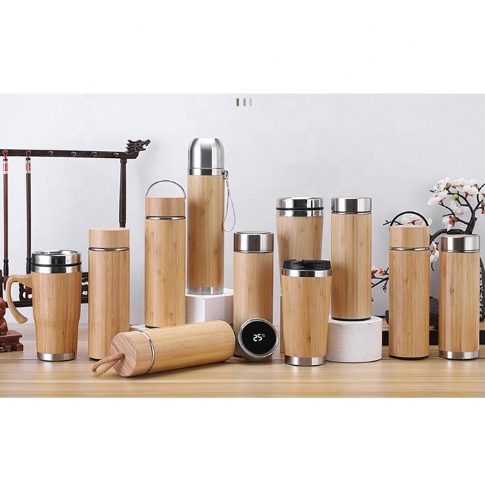 Double Wall Stainless Steel Vacuum Insulated Hot Thermos Bamboo Wooden Stainless Steel Water Bottle With Custom Logo