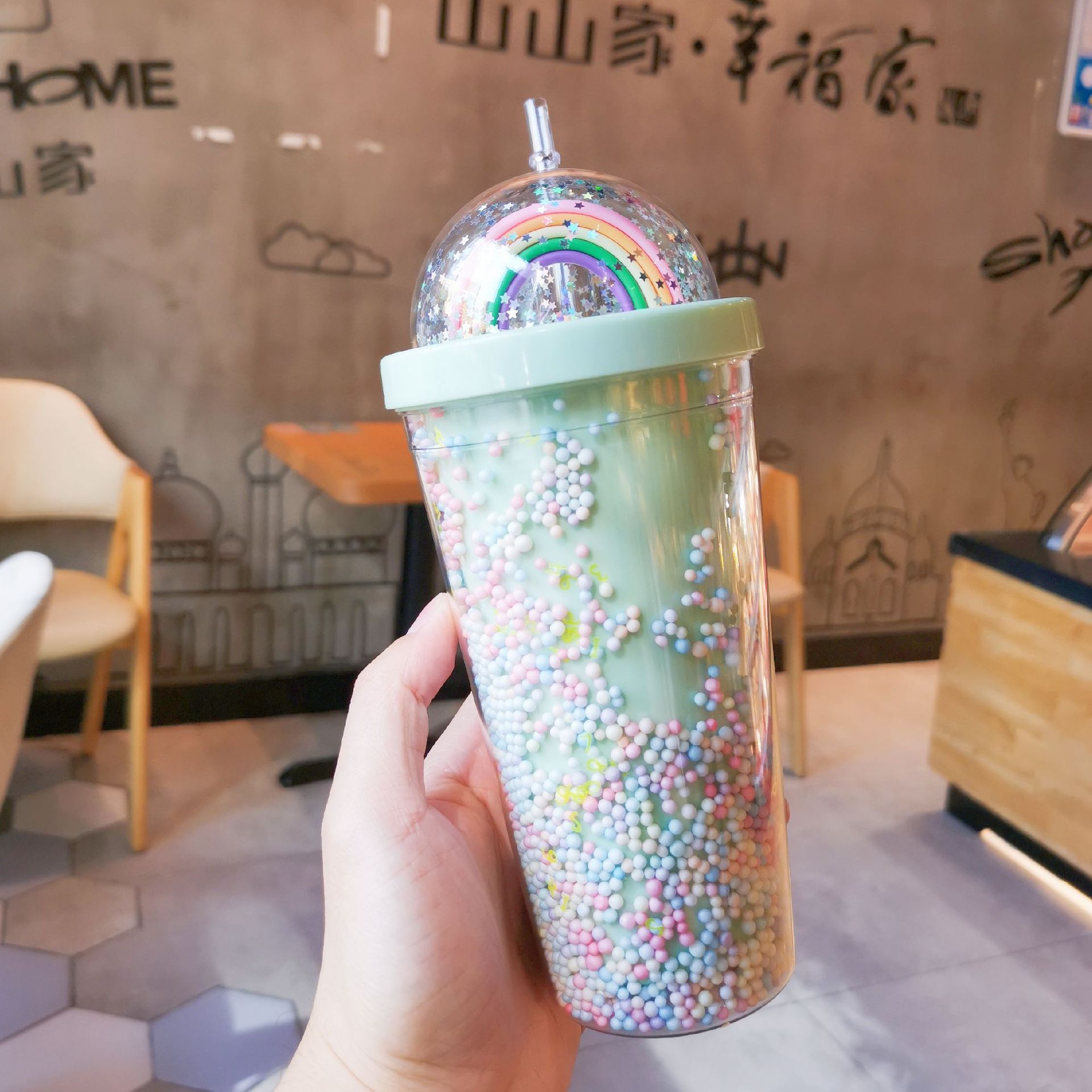 Rainbow Bubble Straw Cup student 500ml summer cold drink juice portable plastic cup