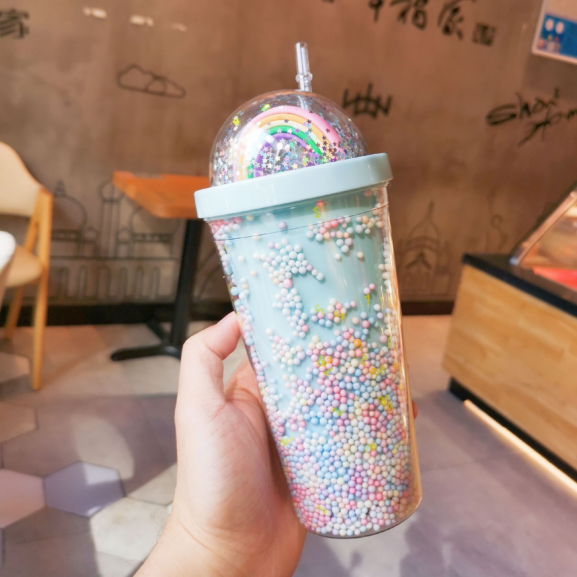 Rainbow Bubble Straw Cup student 500ml summer cold drink juice portable plastic cup