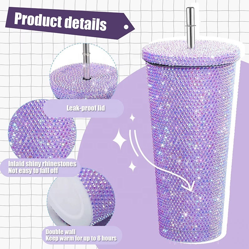 Bling gemstone Rhinestone Diamond Glitter Water Bottle with Lid Stainless Steel Vacuum Thermal Straw vacuum tumbler