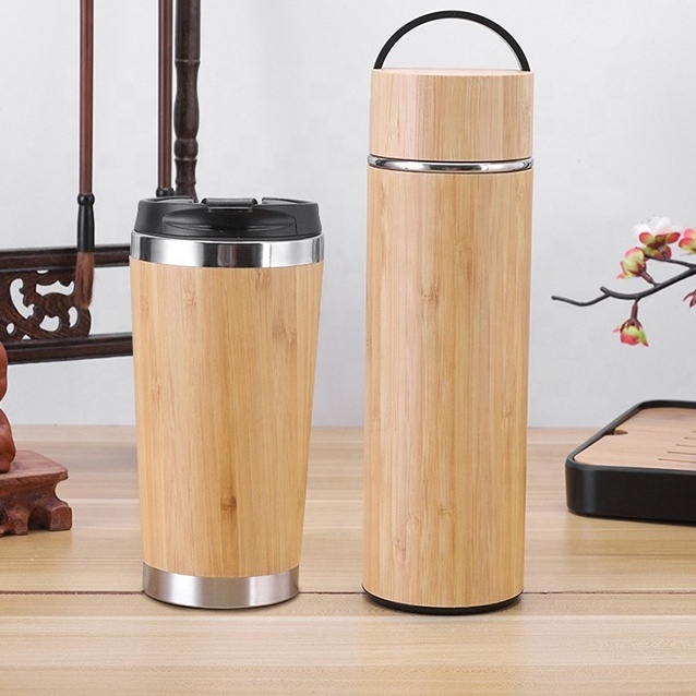 Double Wall Stainless Steel Vacuum Insulated Hot Thermos Bamboo Wooden Stainless Steel Water Bottle With Custom Logo