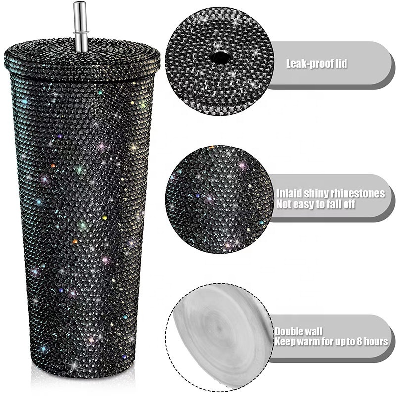 Bling gemstone Rhinestone Diamond Glitter Water Bottle with Lid Stainless Steel Vacuum Thermal Straw vacuum tumbler