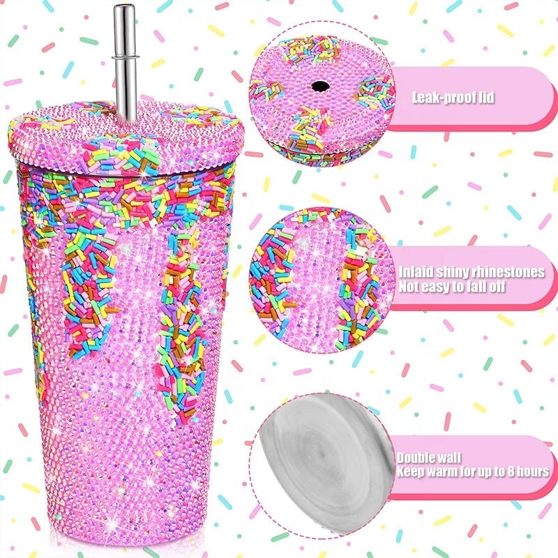 Bling gemstone Rhinestone Diamond Glitter Water Bottle with Lid Stainless Steel Vacuum Thermal Straw vacuum tumbler