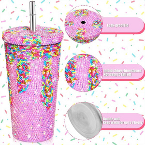 Bling gemstone Rhinestone Diamond Glitter Water Bottle with Lid Stainless Steel Vacuum Thermal Straw vacuum tumbler