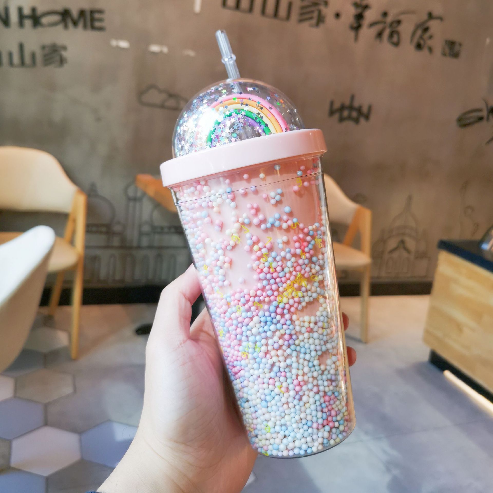 Rainbow Bubble Straw Cup student 500ml summer cold drink juice portable plastic cup