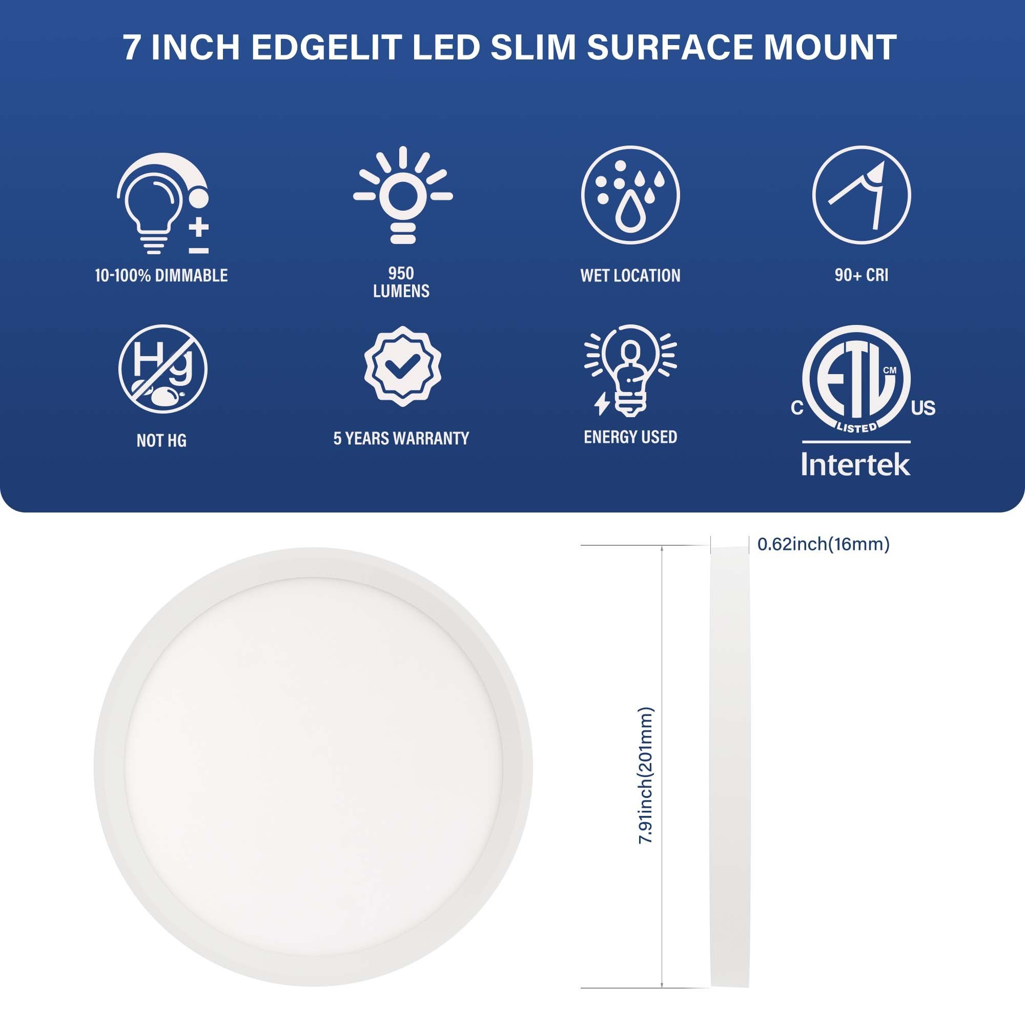 LED 7 Inch Field Selectable 5CCT Slimform LED Surface Mount Disc Light Flat Round Panel Ceiling Light Wet Rated ETL