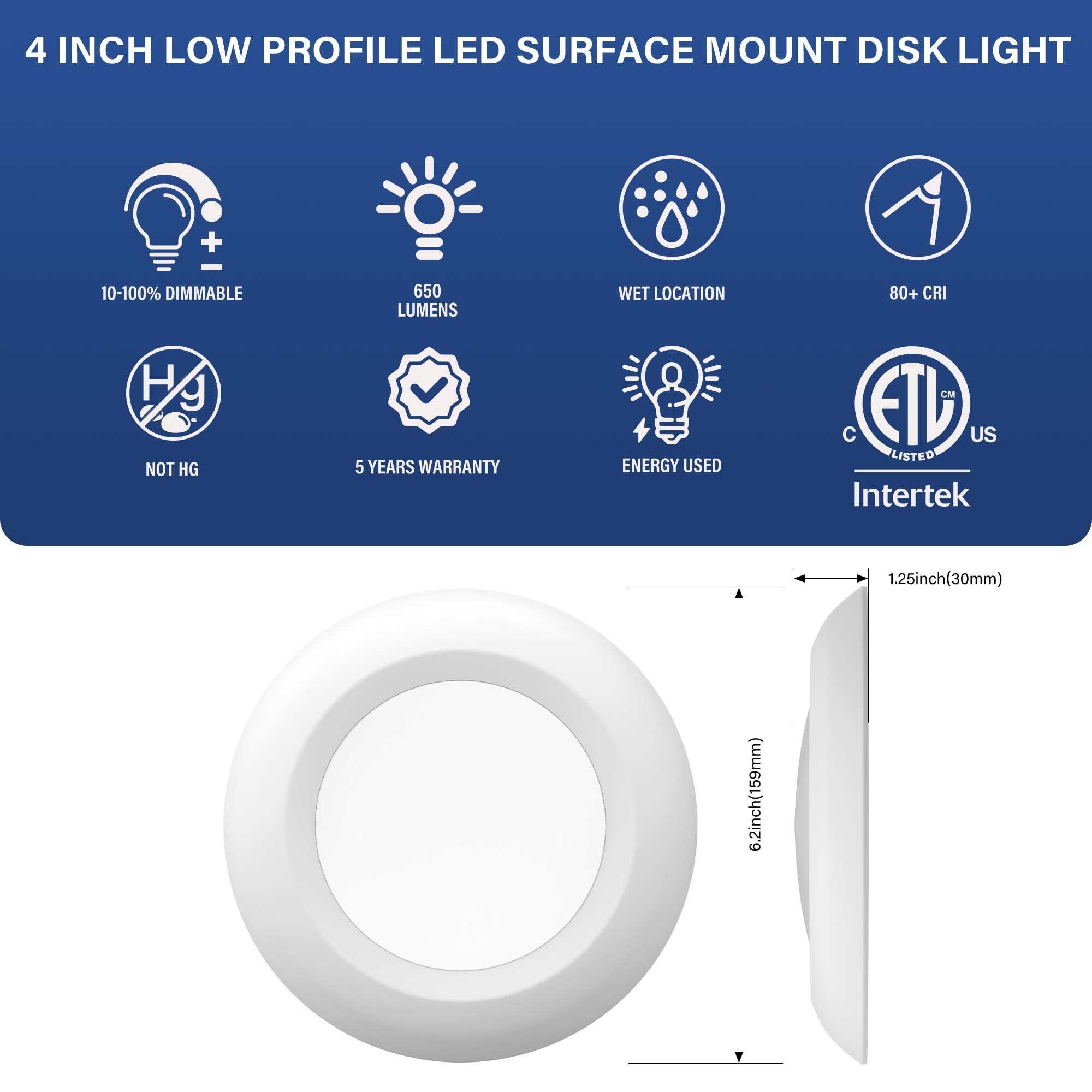 ETL 6 inch  dimmable flush mount fixture color changing led can disk light 5000k daylight white 5000k led disk light