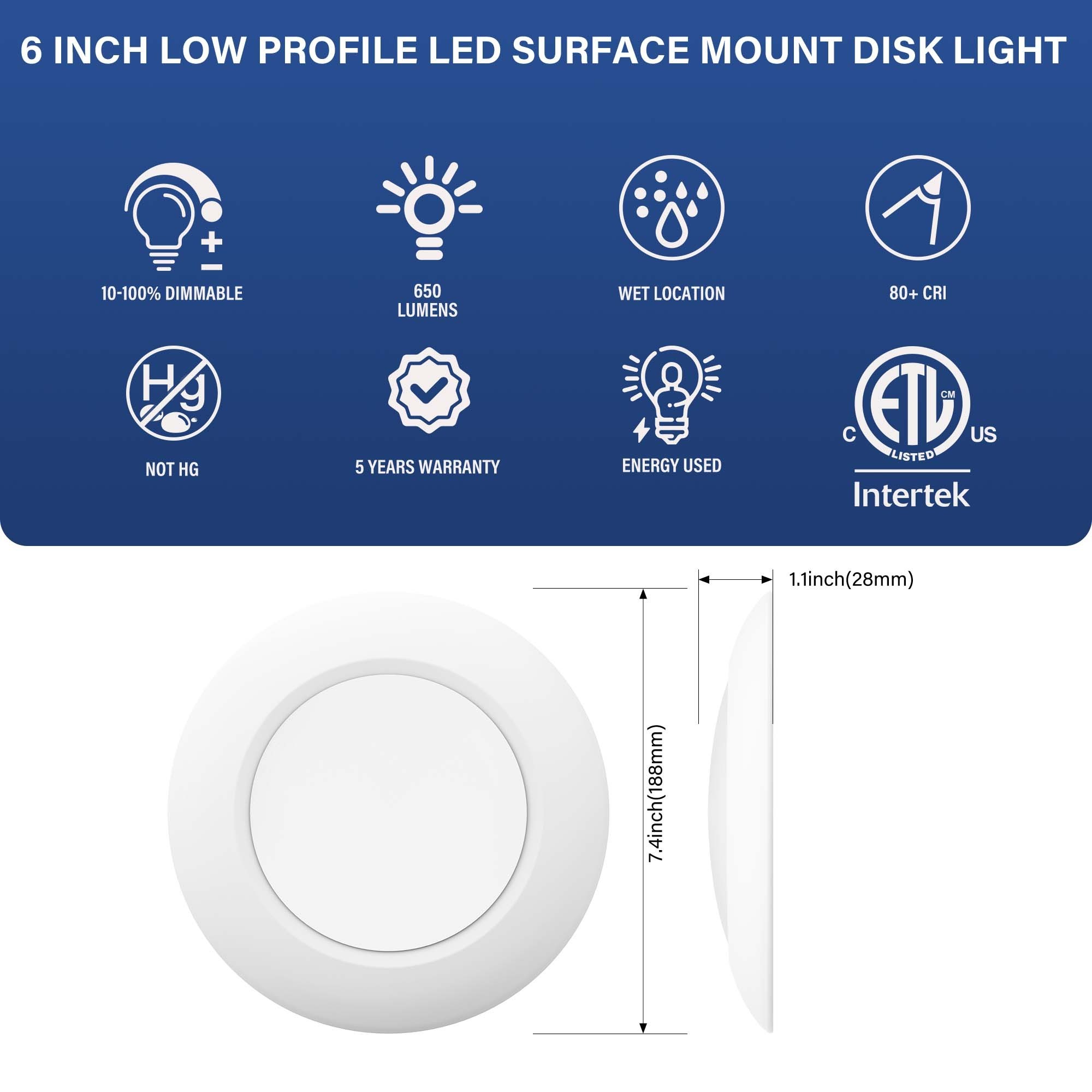 ETL 6 Inch Flush Mount Disc LED Close to Ceiling light 15W 2700K Soft White Dimmable 4