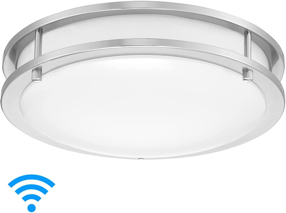 12'' Smart WiFi LED Dual Ring Satin Flush Mount Ceiling Light, Dimmable, 1500 Lumens Works with Google Assistant and Alexa