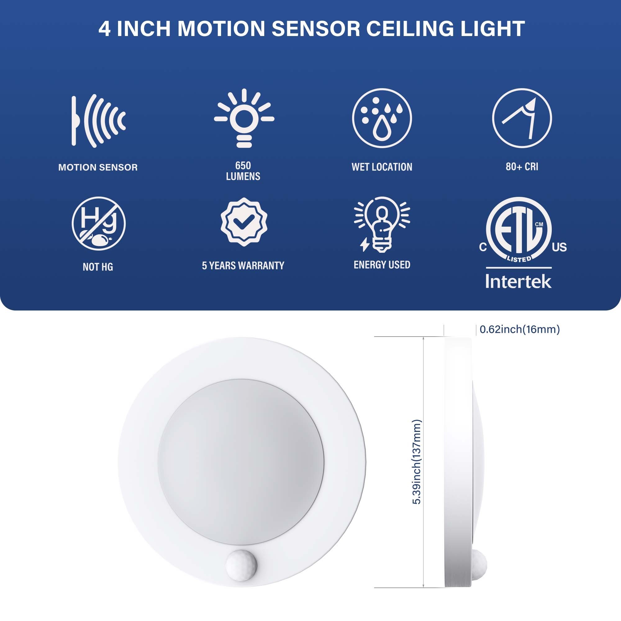 Motion Sensor Ceiling Light Wired, 3000K, 10W 650LM Flush Mount Light Fixture, Square Motion Ceiling Light