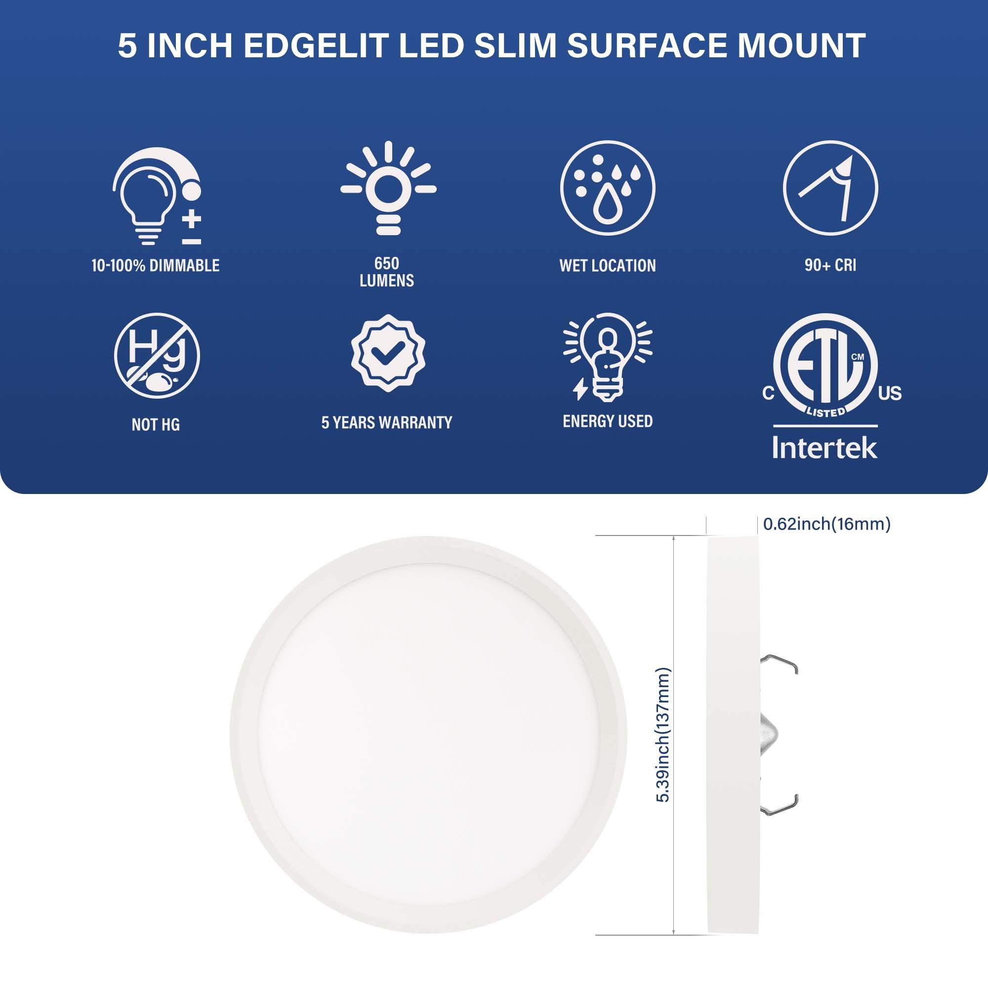 Smart Flush Mount Lights 5 Inch Smart Recessed Ceiling Lights, 5CCT Dimmable LED Disk Light, LED Surface Mount Can Lights