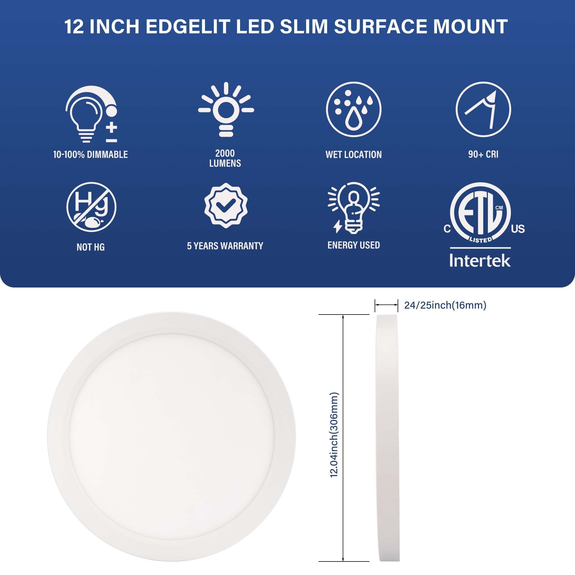 12 inch 5000k ETL Edge lit surface mount slim disk ficture pieces skeet porch low profile surface mount led ceiling light