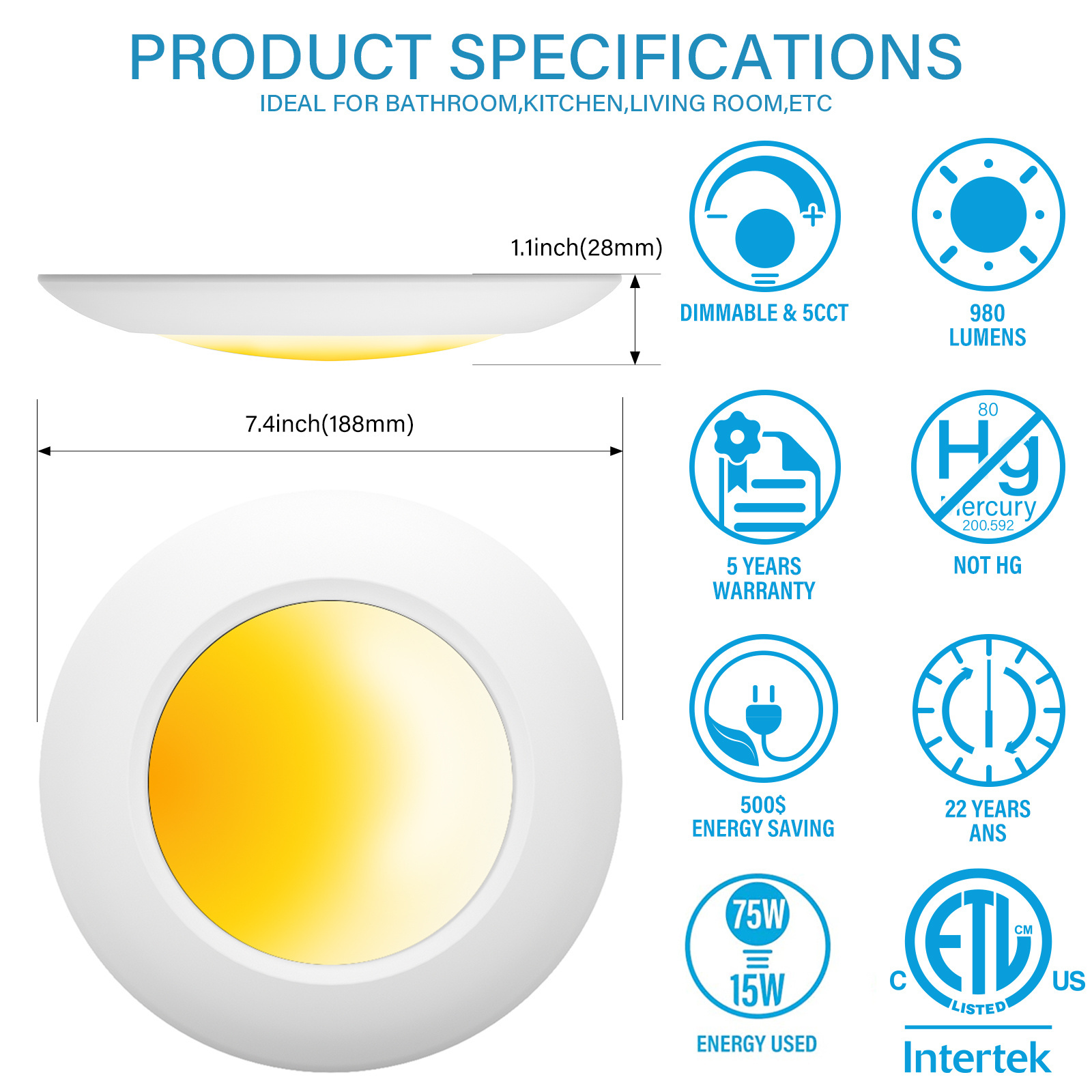 Led Flush Mount 15W 950LM, Outdoor LED Wired Puck Lights Surface Mount 5CCT Selectable Dimmable, With J-Box, ETL/Energy Star