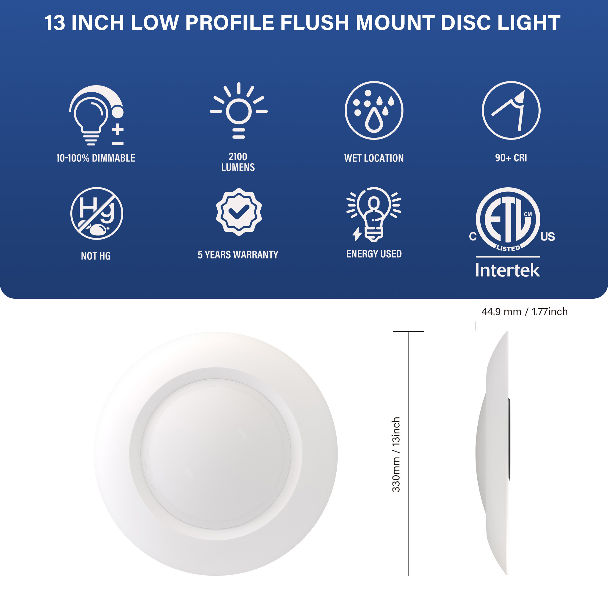 13 Inch LED Ceiling Disk Light Fixture Recessed,25W 2100LM Surface Mount Lighting With J-Box Dimmable Low Profile LED,ETL Listed