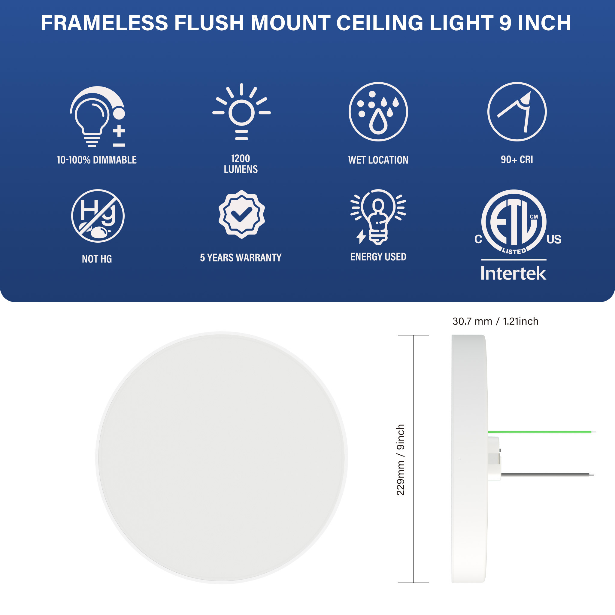 9 Inch 1200LM 18W Flush Mount LED Ceiling Light , 5CCT Selectable Dimmable Frameless Flush Mount Ceiling Light, DOB Technology