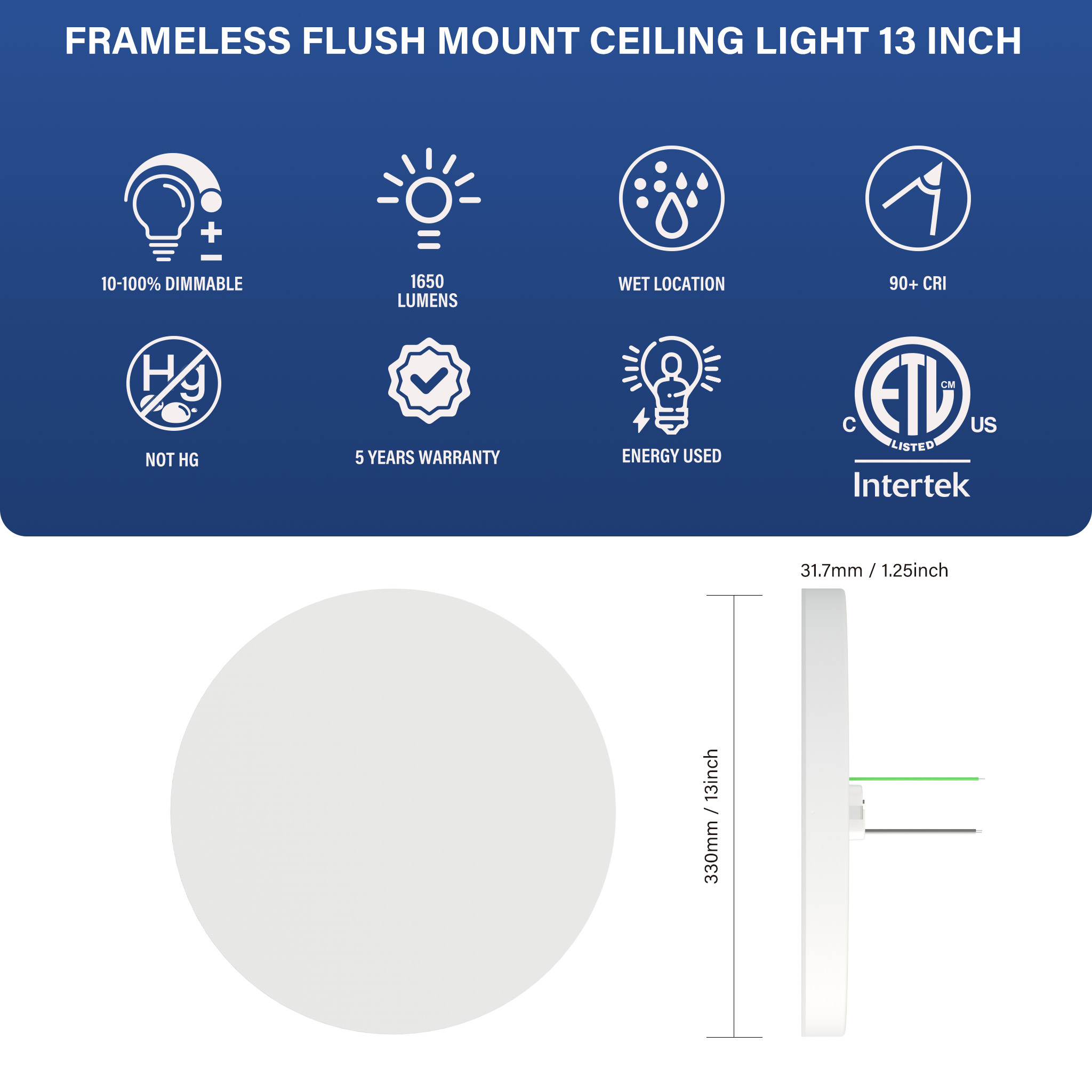 13 Inch 1650LM 25W Flush Mount LED Ceiling Light,5CCT Color Changing Dimmable Frameless Flush Mount Ceiling Light,Damp/Wet Rated