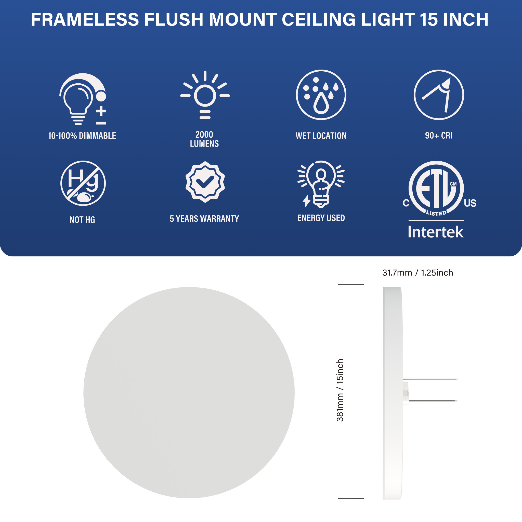 15 Inch 2000LM  Flush Mount LED Ceiling Light ,5CCT Selectable Dimmable Frameless Flush Mount Ceiling Light, For Damp/Wet Rated