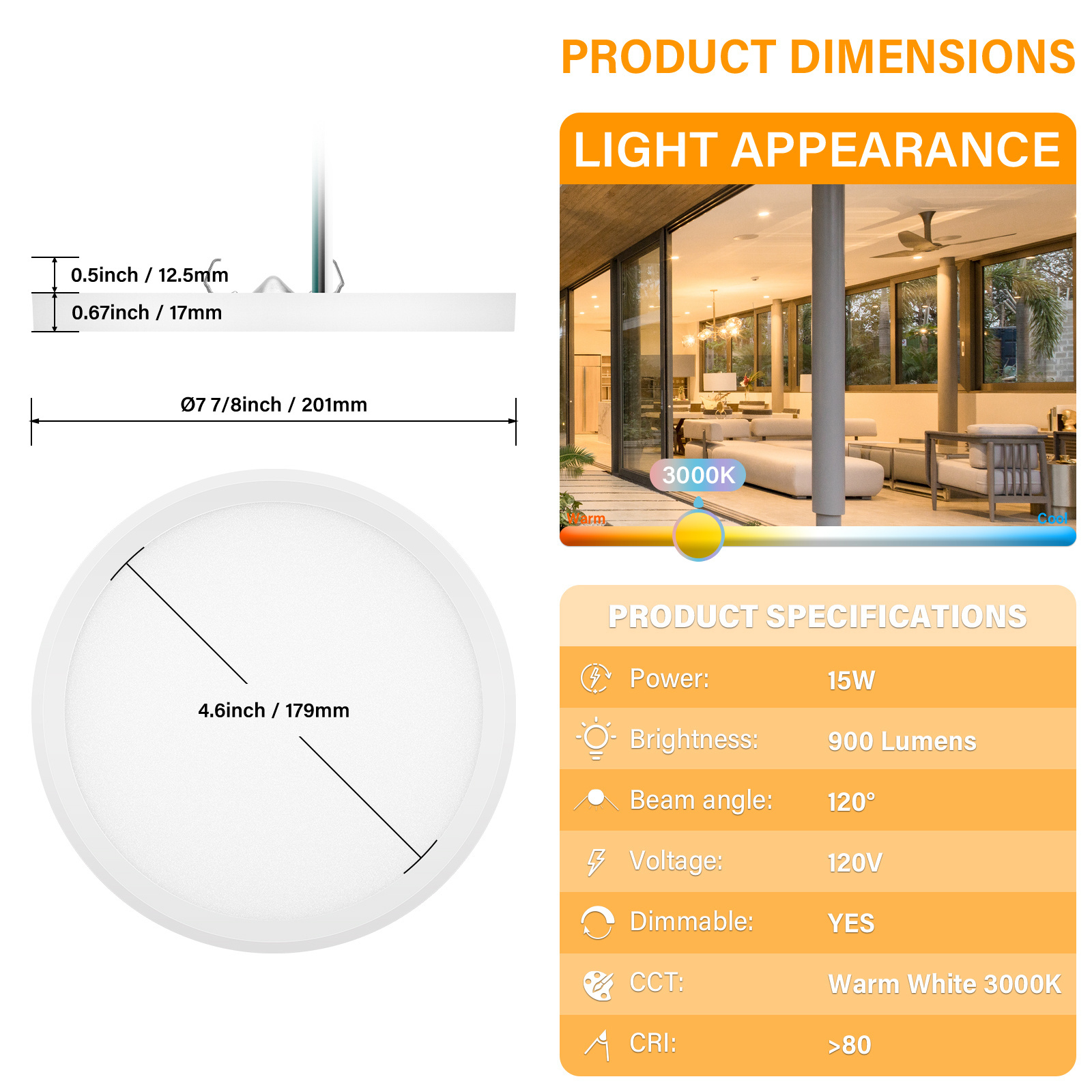 Surface Mount LED Ceiling Light 7 Inch 950LM,Slim Low Profile surface mount ceiling light adjustable temperature,Dimmable Light