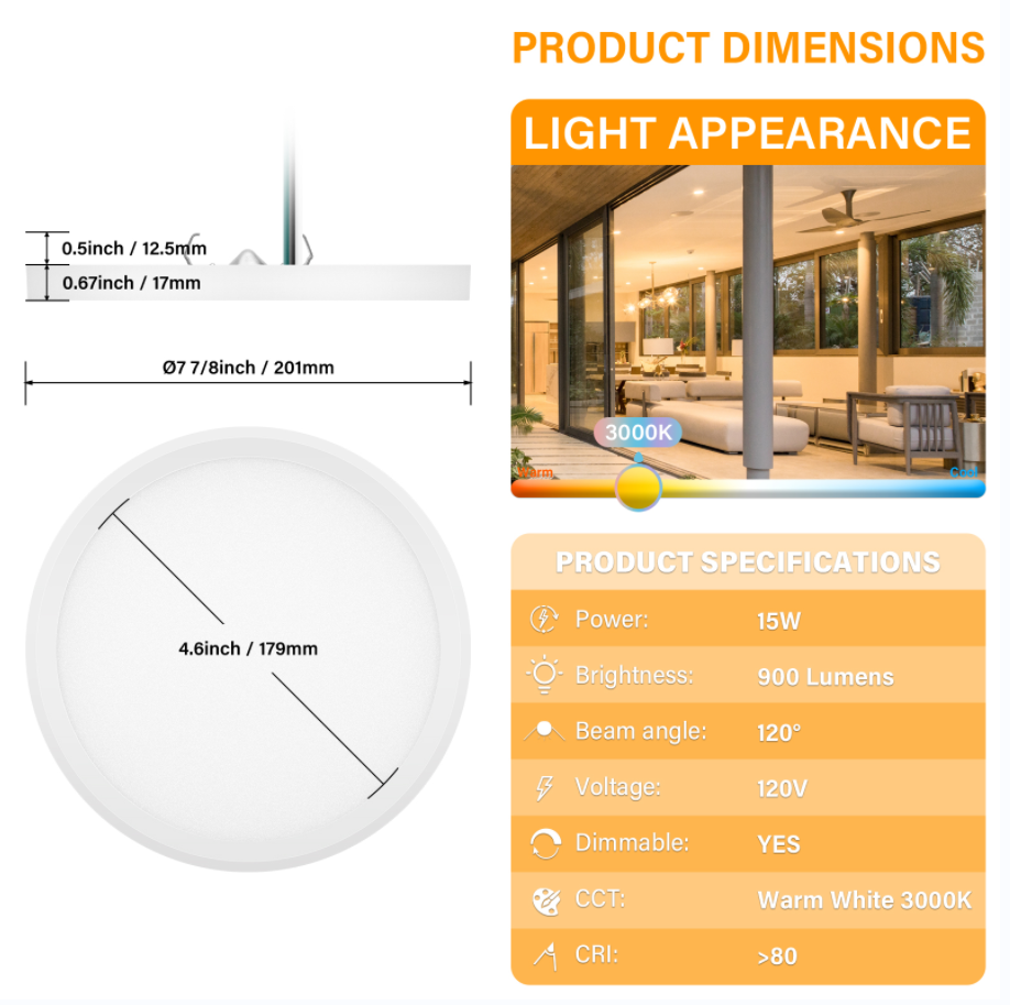 Outdoor LED Wired Panel Light Surface Mount 7 Inch 950LM,Slim Low Profile Surface Mount LED 5CCT Selectable With J-Box,Wet Rated