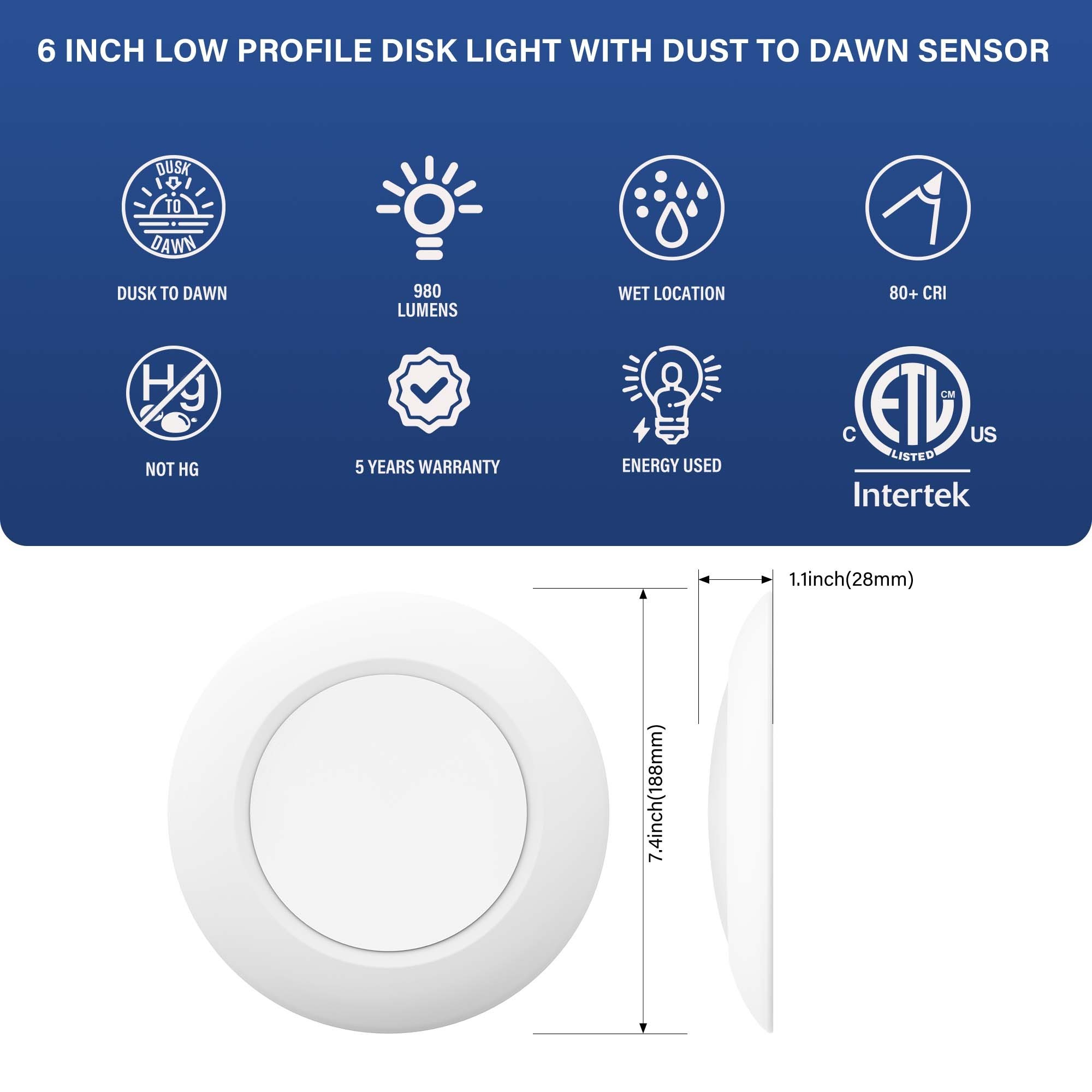 Intertek Photocell Sensor Light 6 Inch LED Low Profile surface Mount Disc light DOB Technology 15W 980LM 2700K-5000K